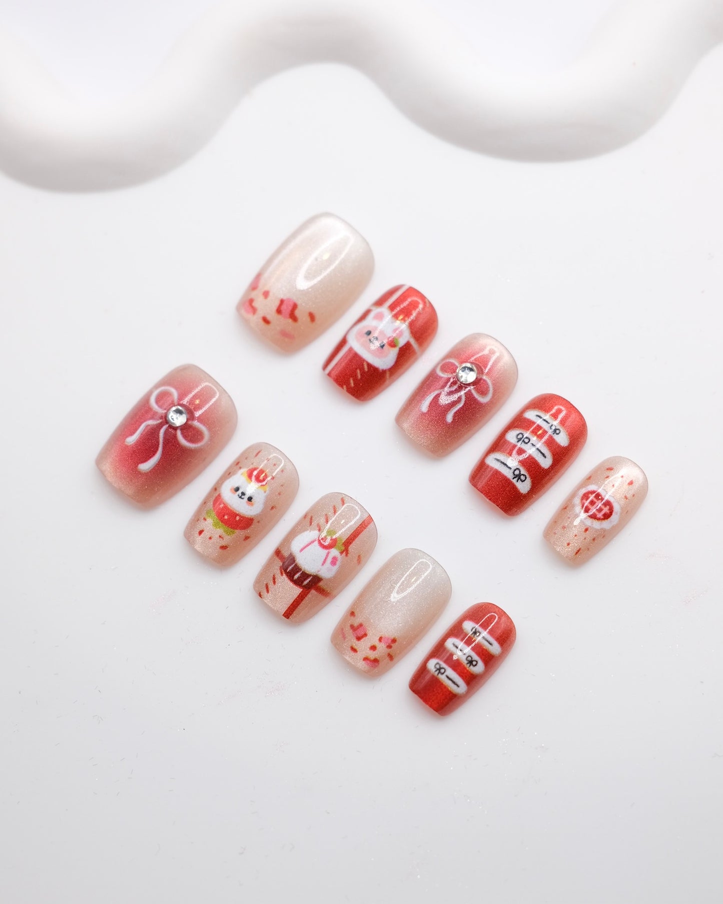 Short Coffin Pink & Red Cute Bear With Diamond Press On Nails