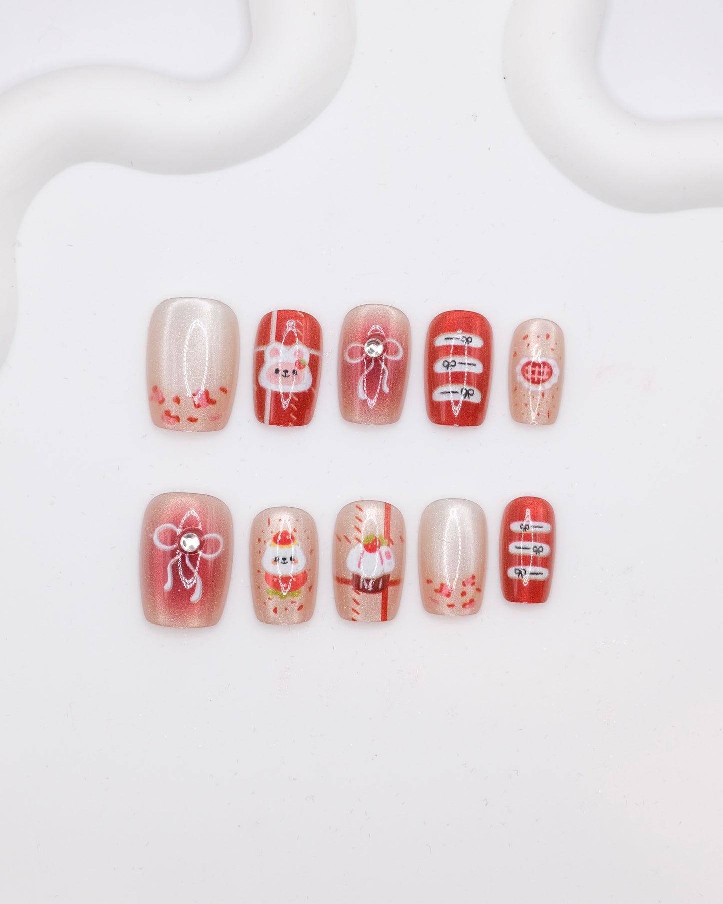 Short Coffin Pink & Red Cute Bear With Diamond Press On Nails