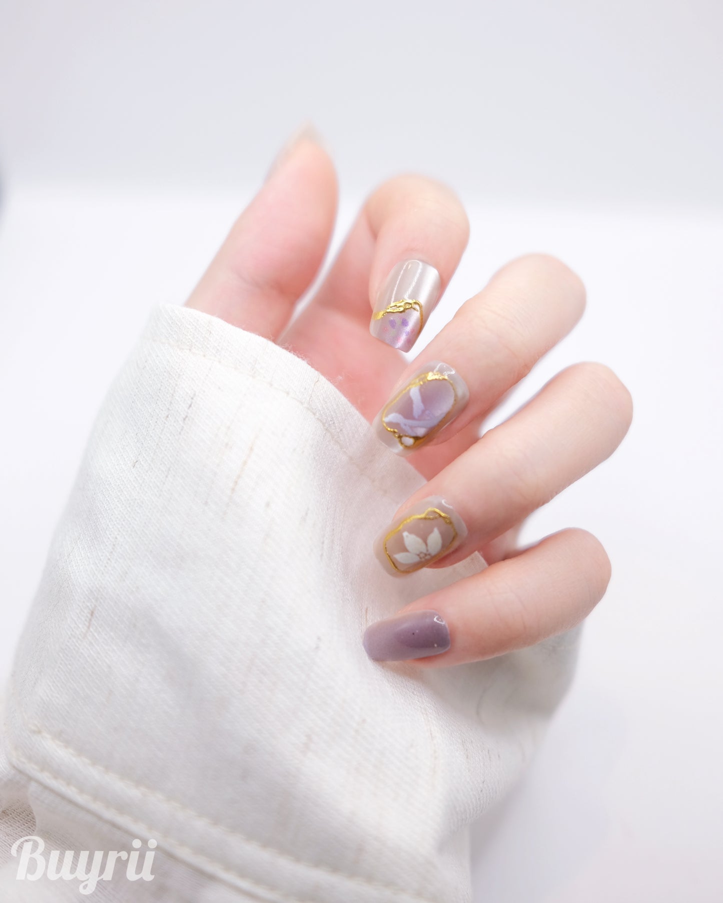 Short Coffin Gold and Purple Embossed Flower Press On Nails