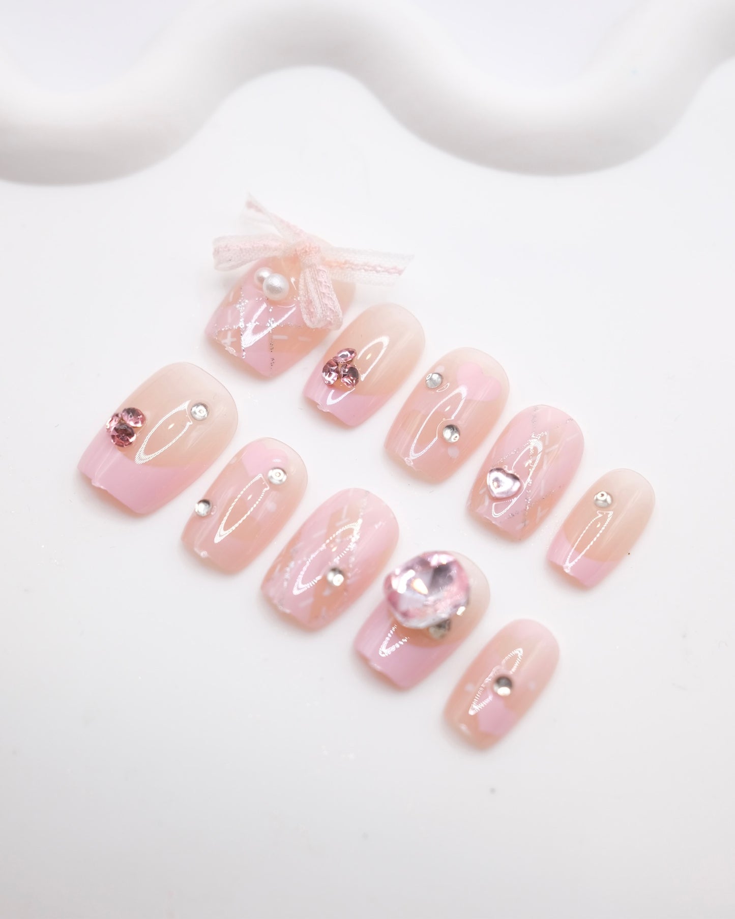 Short Coffin Pink Bowtie With Diamond Press On Nails