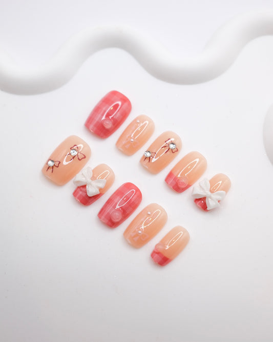 Short Coffin Pink & White Bow Tie Accessories Press On Nails