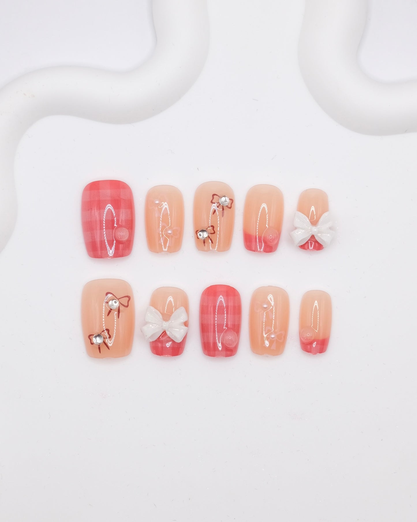 Short Coffin Pink & White Bow Tie Accessories Press On Nails