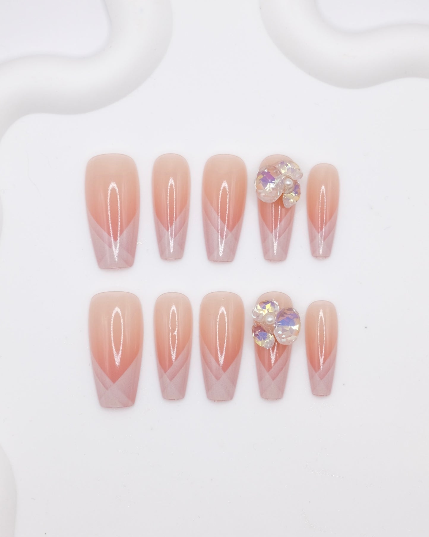 Long Coffin Pink French Manicure Diamond & Pearl Press On Nails