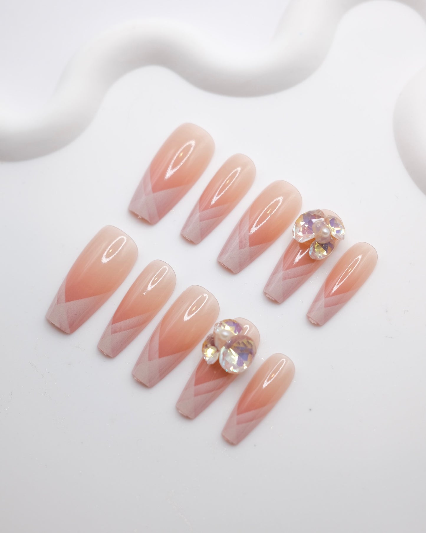 Long Coffin Pink French Manicure Diamond & Pearl Press On Nails