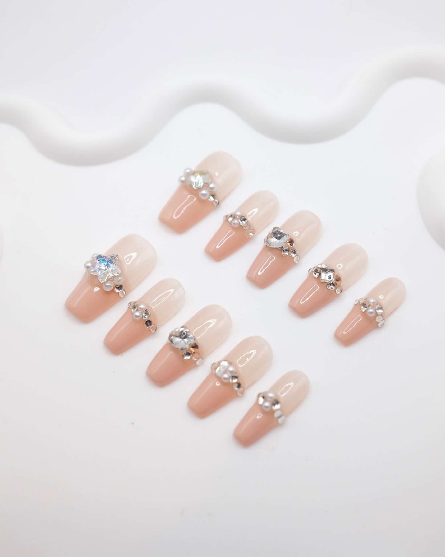 Long Coffin Nude Color French Manicure With Diamond Press On Nails
