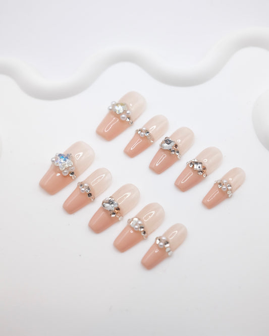 Long Coffin Nude Color French Manicure With Diamond Press On Nails