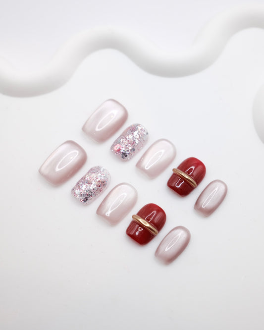 Short Coffin Shiny Pink & Red With Embossed Line Press On Nails