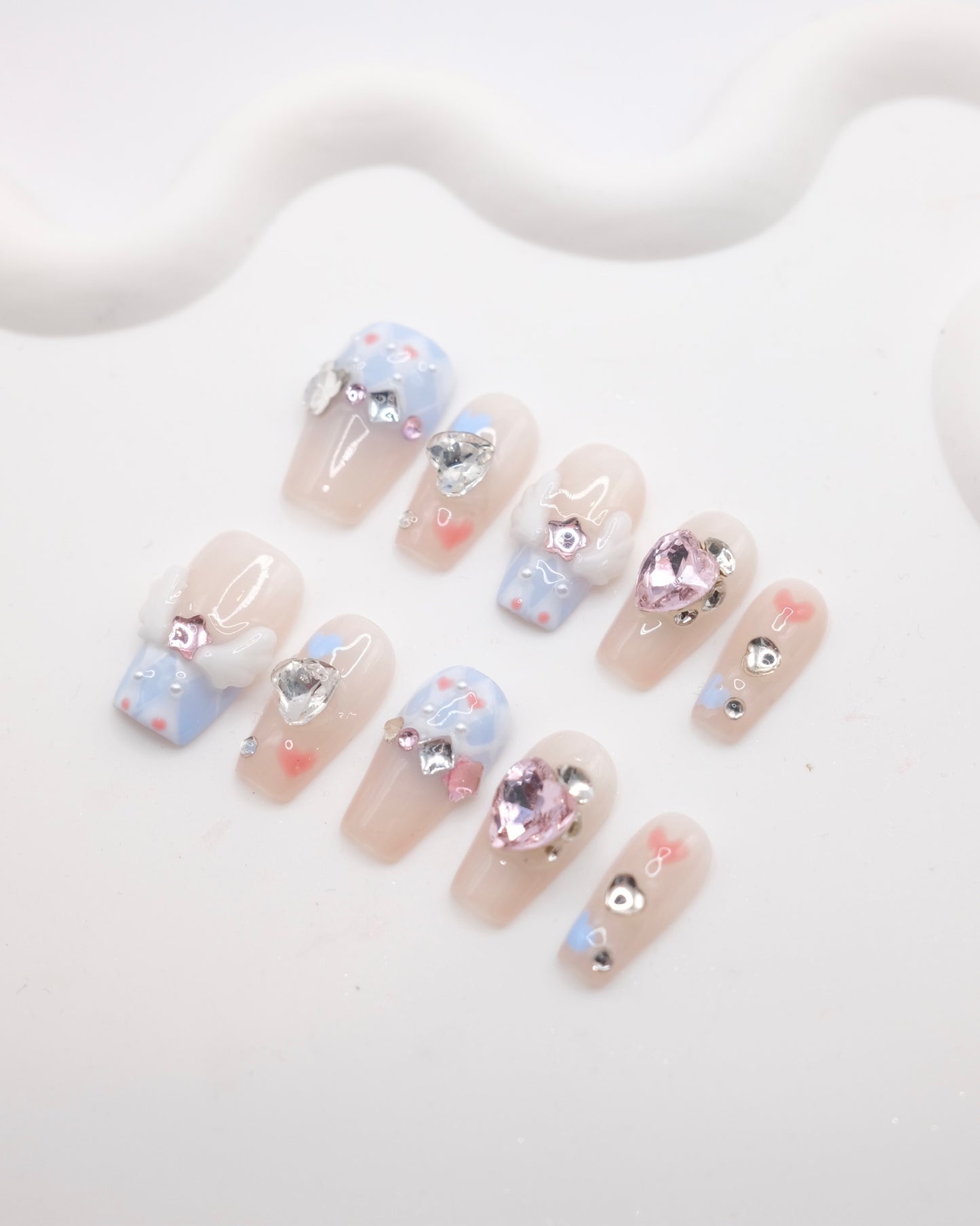 Mid-Long Coffin White Angel With Diamond Press On Nails