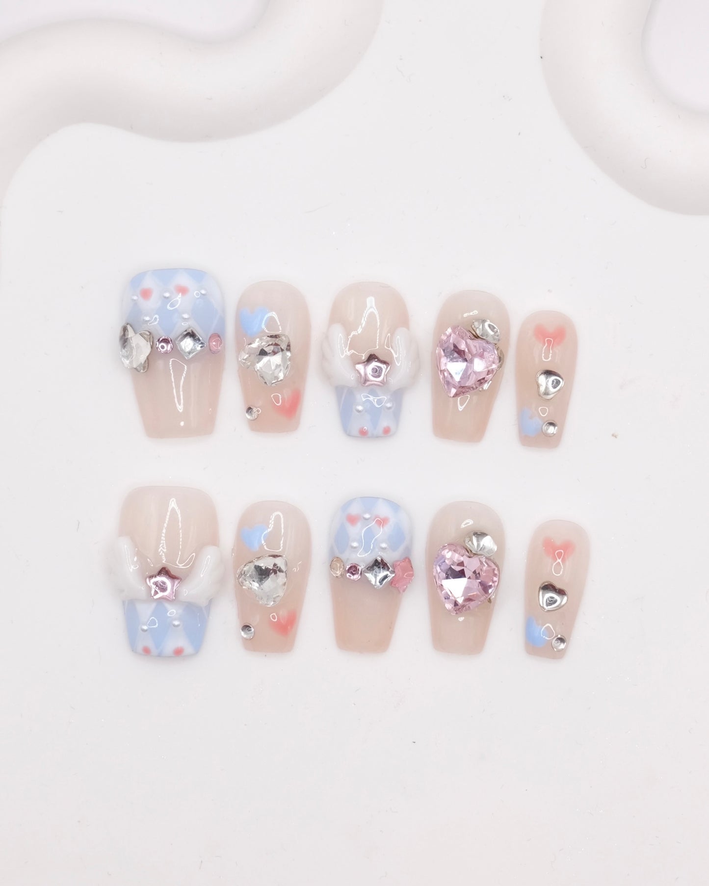 Mid-Long Coffin White Angel With Diamond Press On Nails