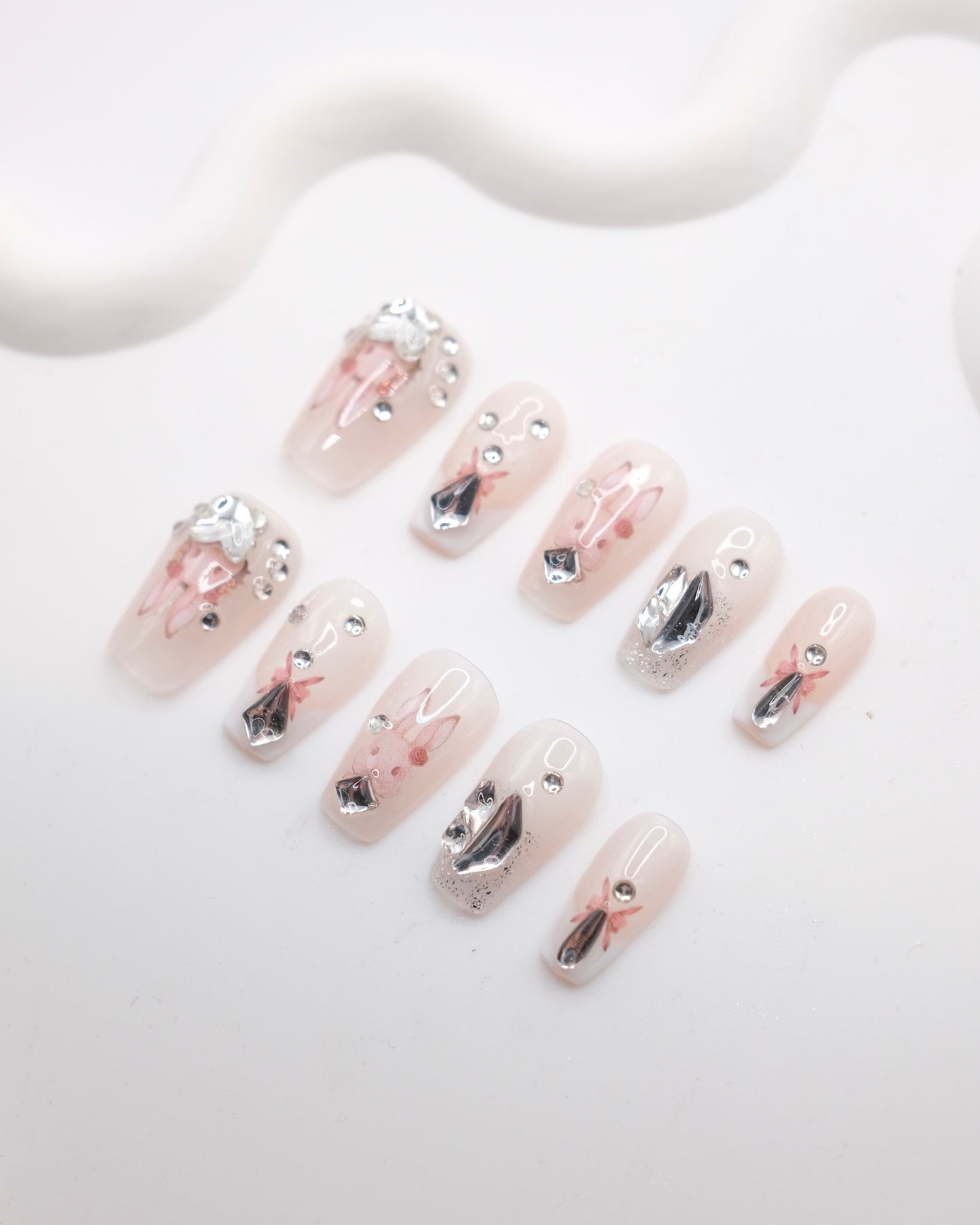 Mid-Long Coffin Pink Cute Bunny With Diamond Press On Nails