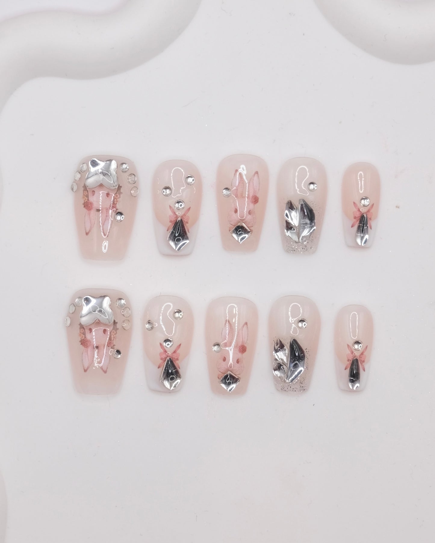 Mid-Long Coffin Pink Cute Bunny With Diamond Press On Nails