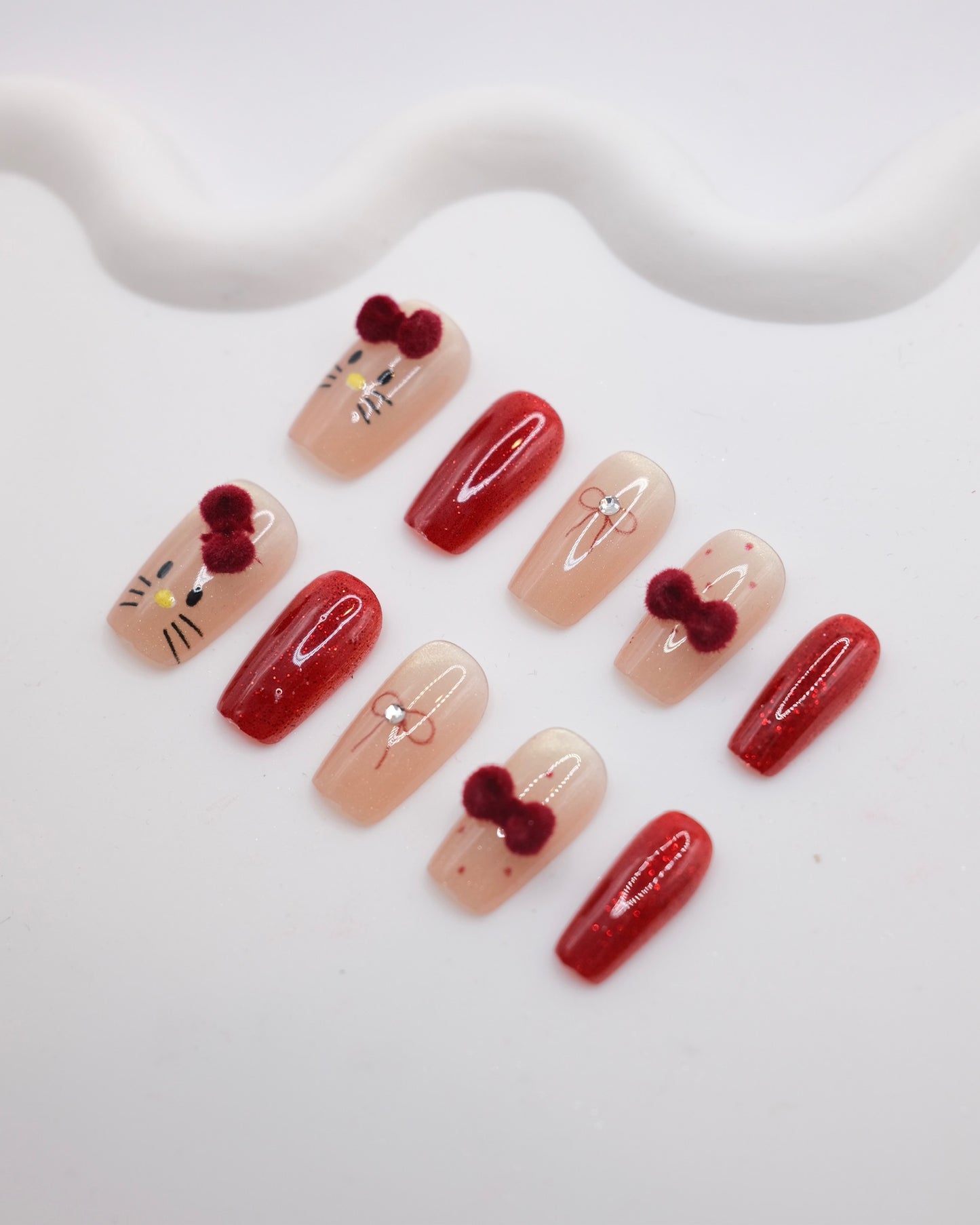 Medium Square Red 3D Hello Kitty Bow & Diamond Press- On Nails