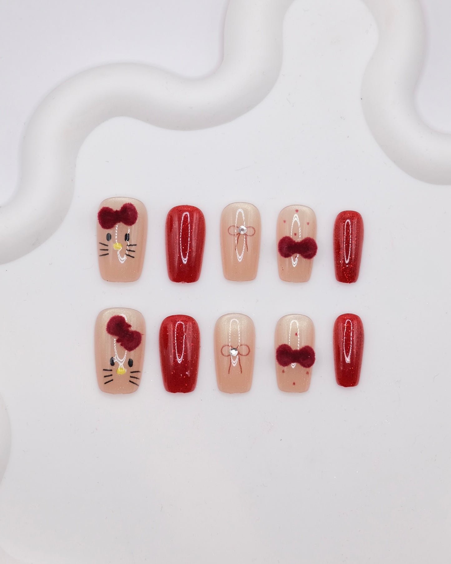Medium Square Red 3D Hello Kitty Bow & Diamond Press- On Nails