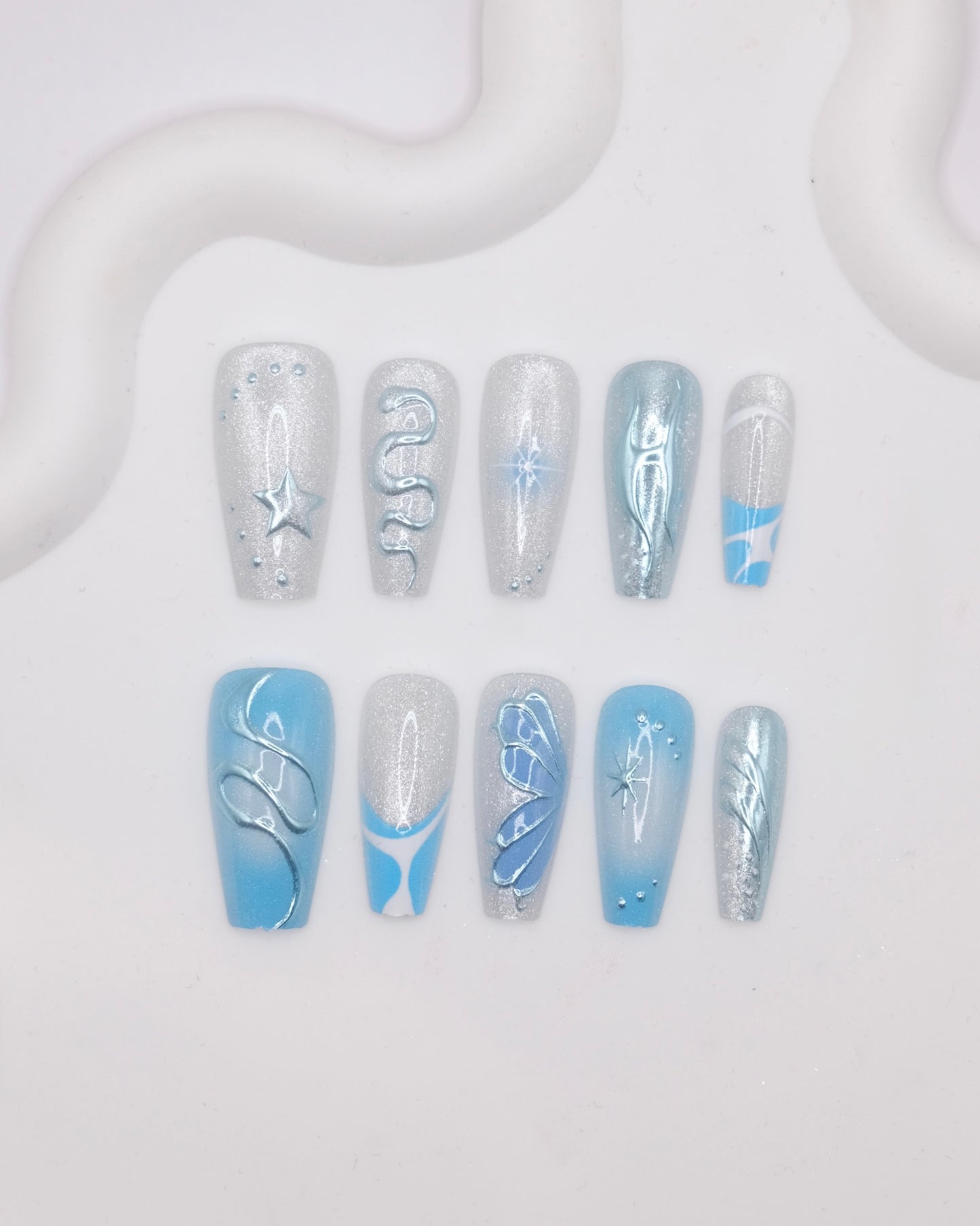 Extra Long Coffin Blue Chrome Y2K Press On Nails