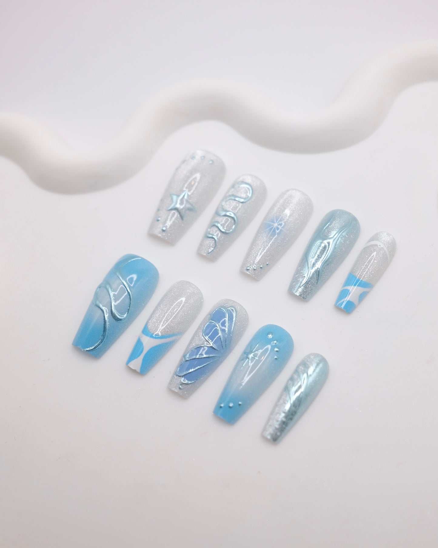Extra Long Coffin Blue Chrome Y2K Press On Nails