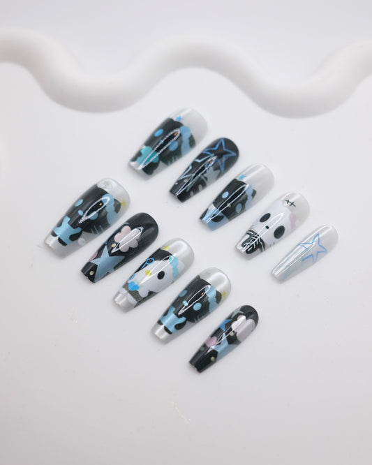 Long Coffin Black & Blue Hello Kitty Cat Eye Press-On Nails