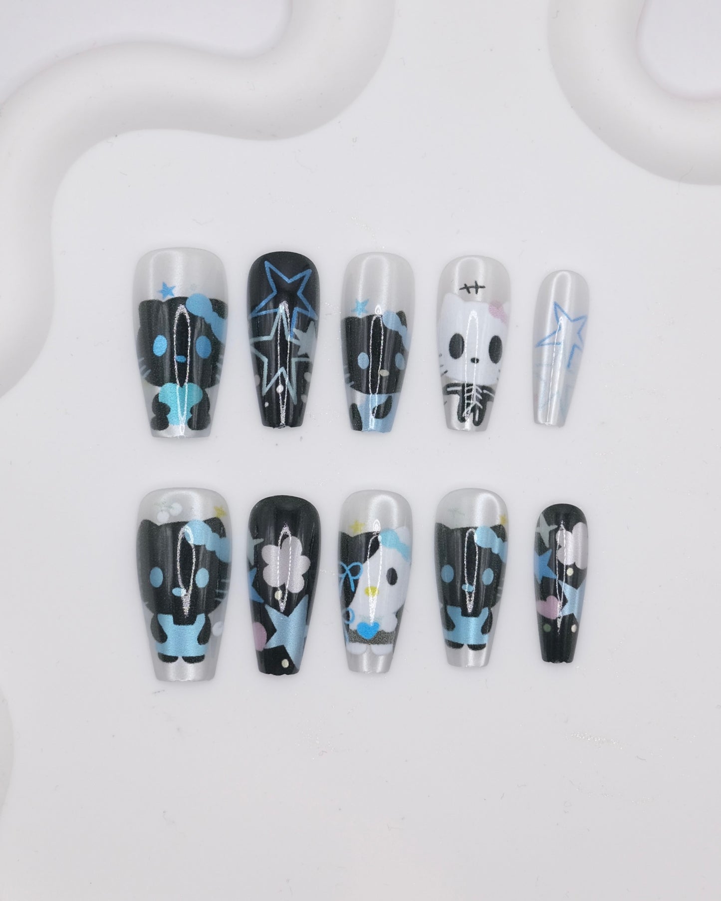Long Coffin Black & Blue Hello Kitty Cat Eye Press-On Nails