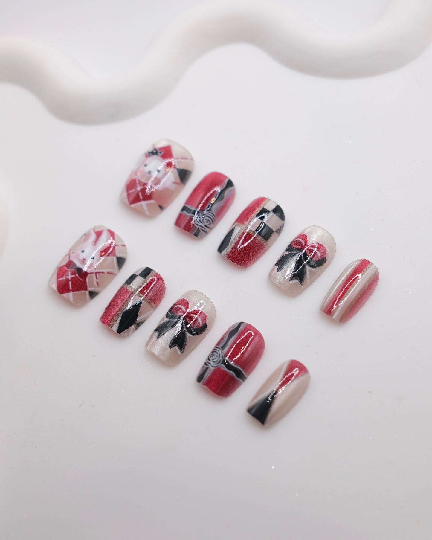Short Coffin Red & Black Rabbit With Bow Tie Press On Nails