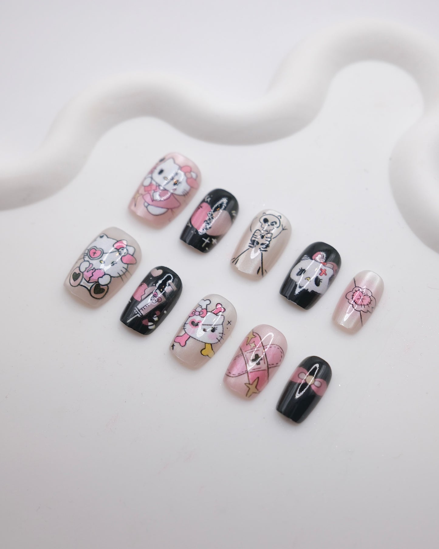 Short Coffin Black & Pink Skeleton Pirate Hello Kitty Press On Nails