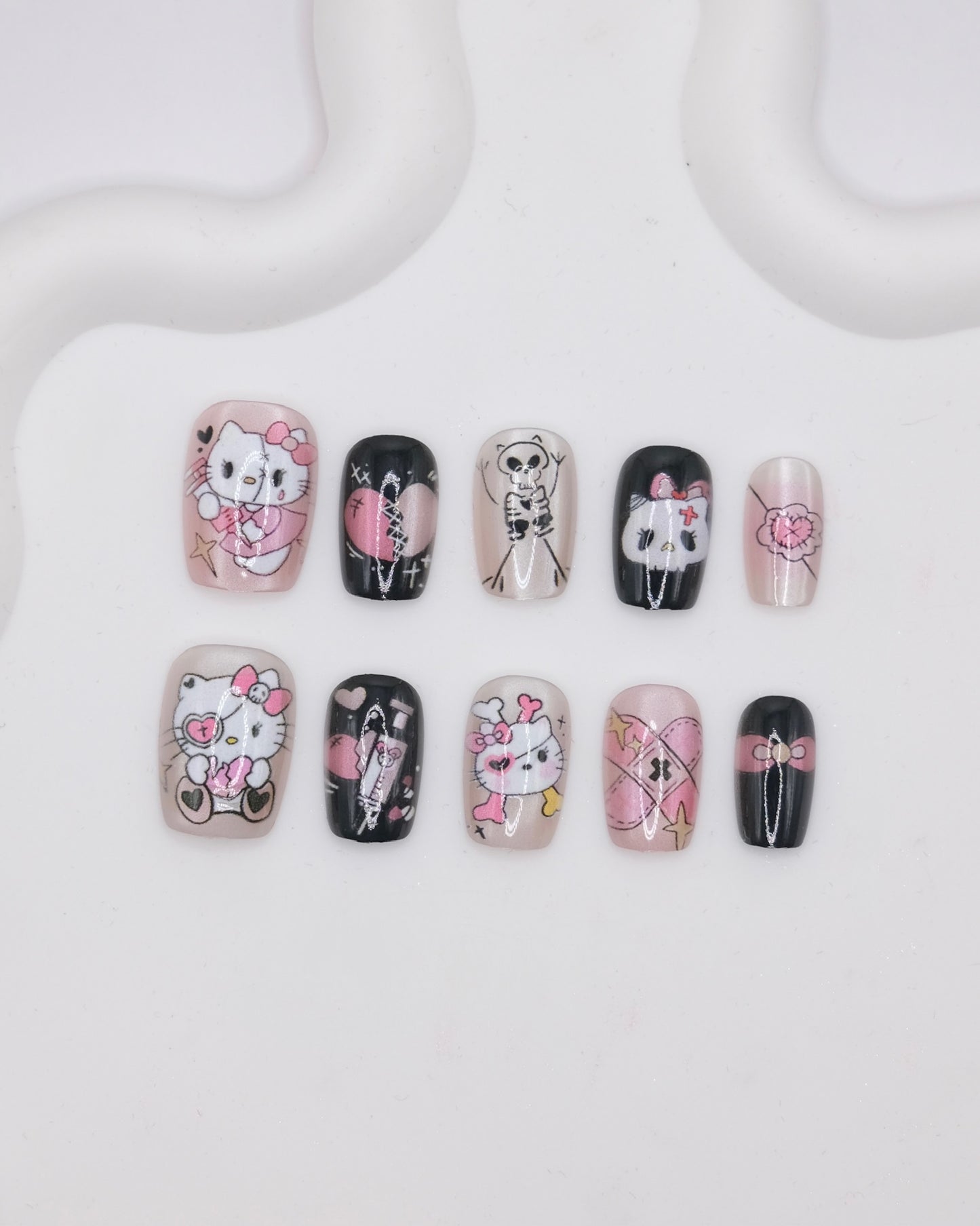 Short Coffin Black & Pink Skeleton Pirate Hello Kitty Press On Nails