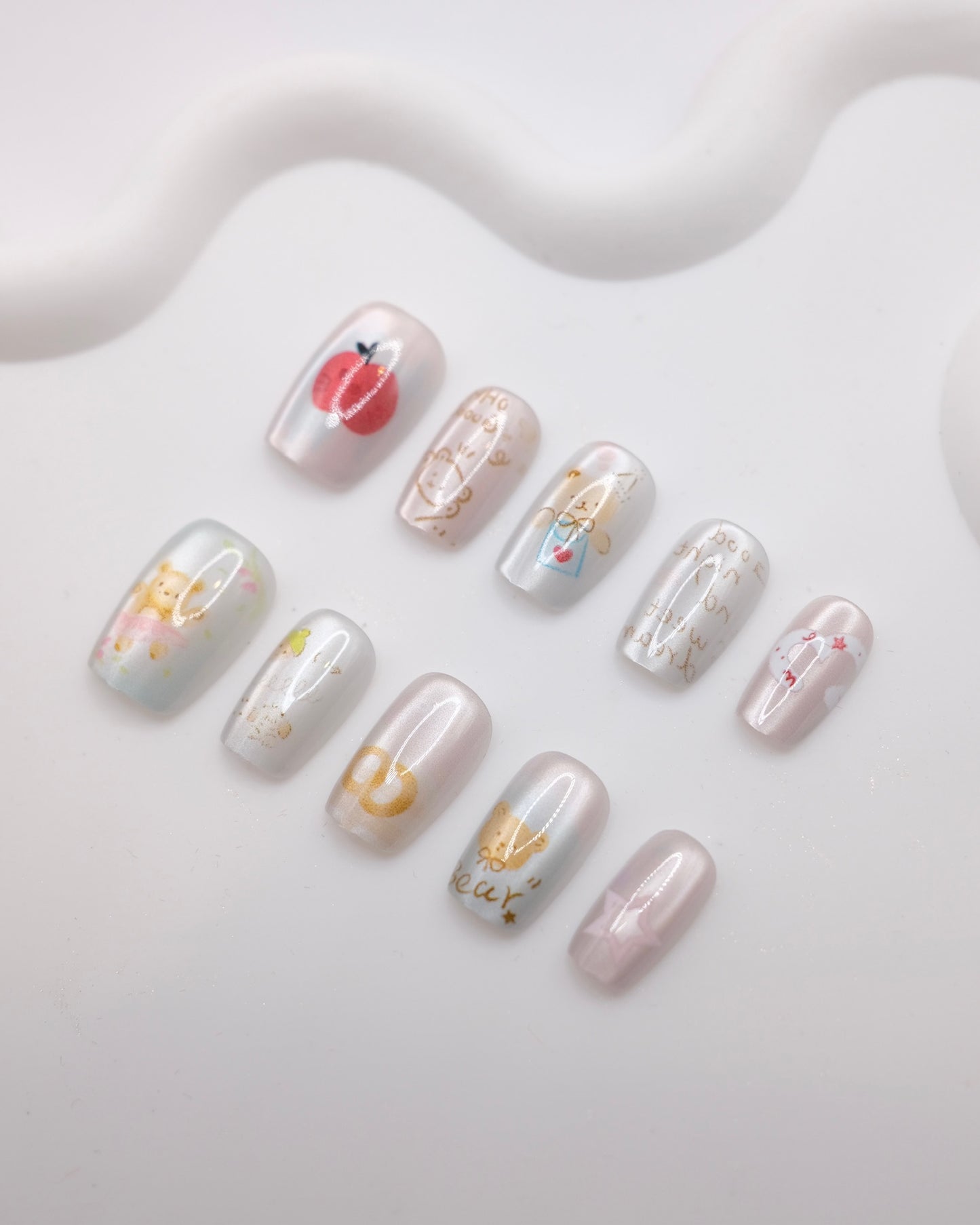 Short Coffin Fairy Tale Teddy Bear Cat Eye Press-On Nails