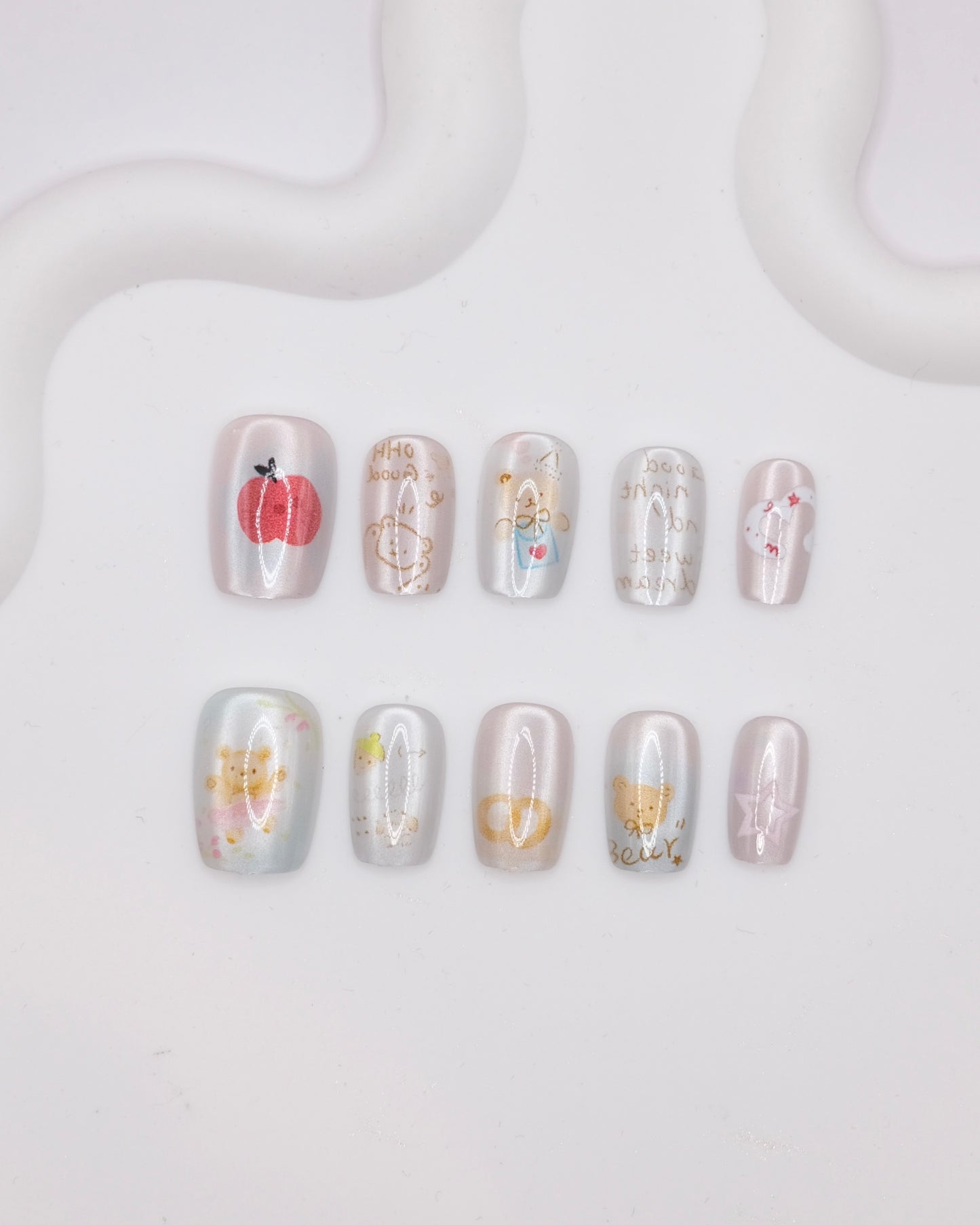 Short Coffin Fairy Tale Teddy Bear Cat Eye Press-On Nails