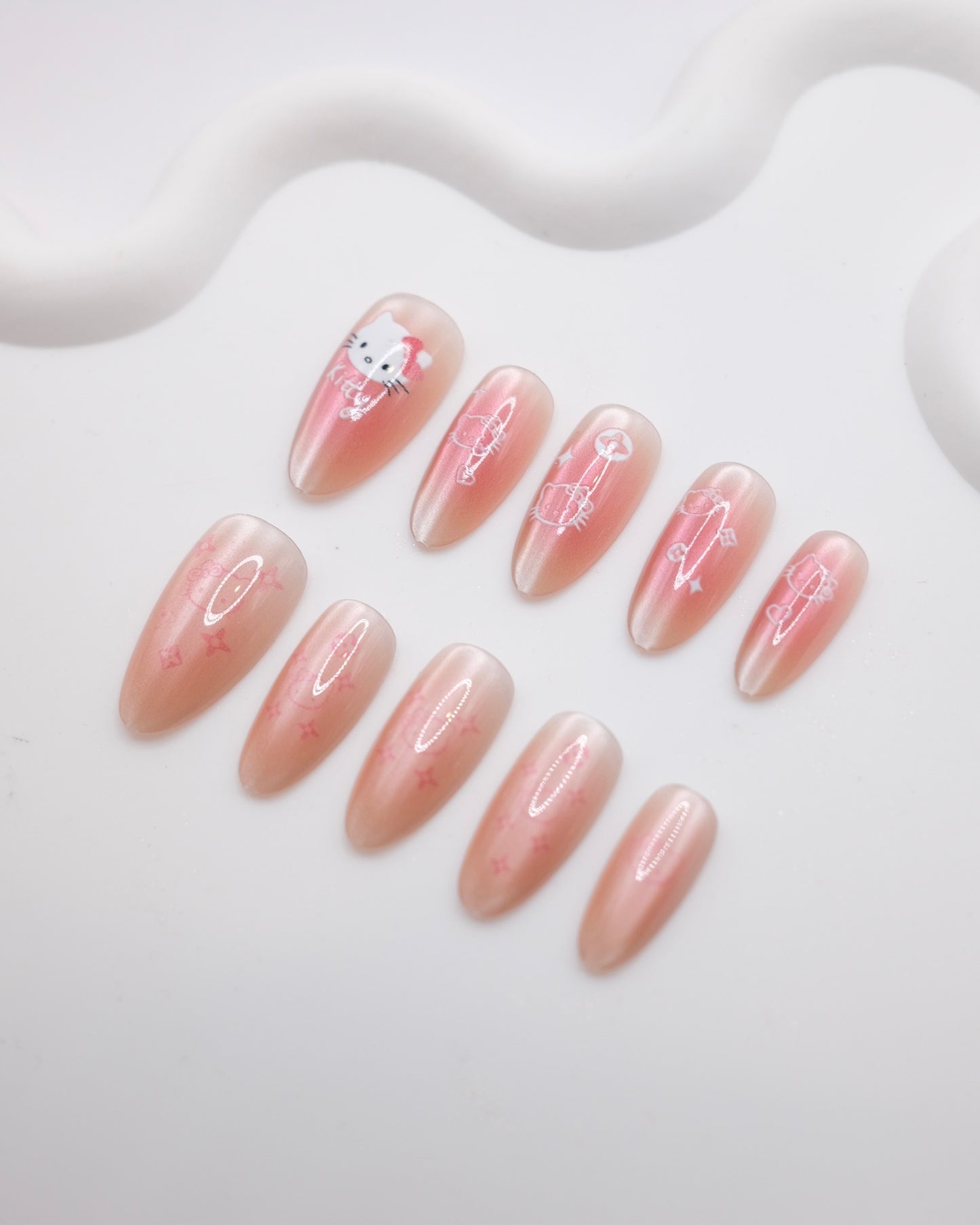 Long Almond Pink Blush Hello Kitty Cat Eye Press-On Nails