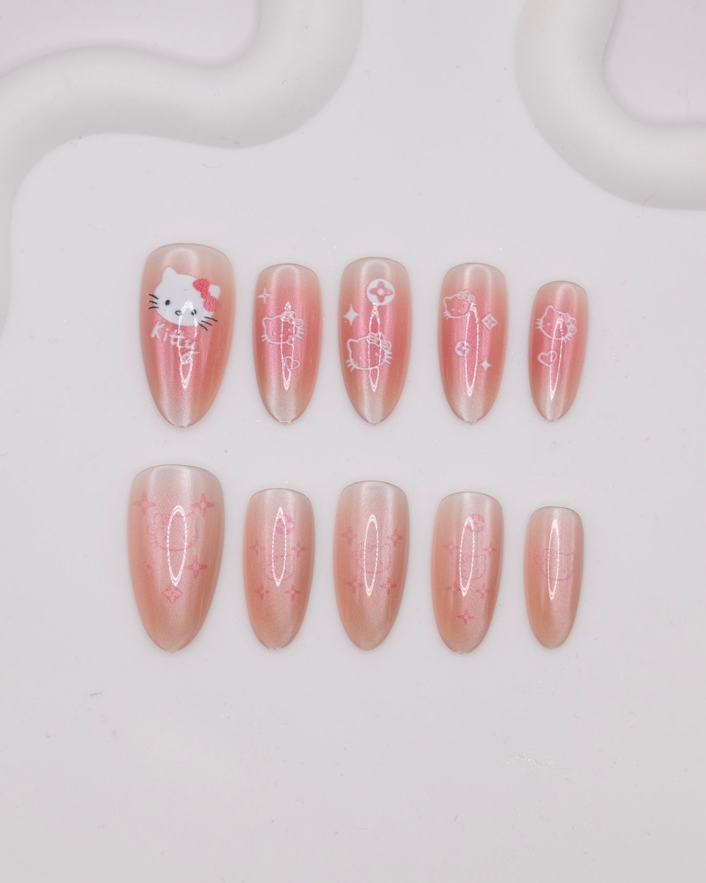 Long Almond Pink Blush Hello Kitty Cat Eye Press-On Nails
