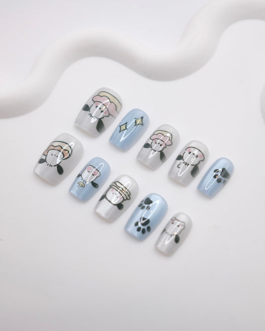 Short Coffin White & Blue Pochacco Cat Eye Press-On Nails
