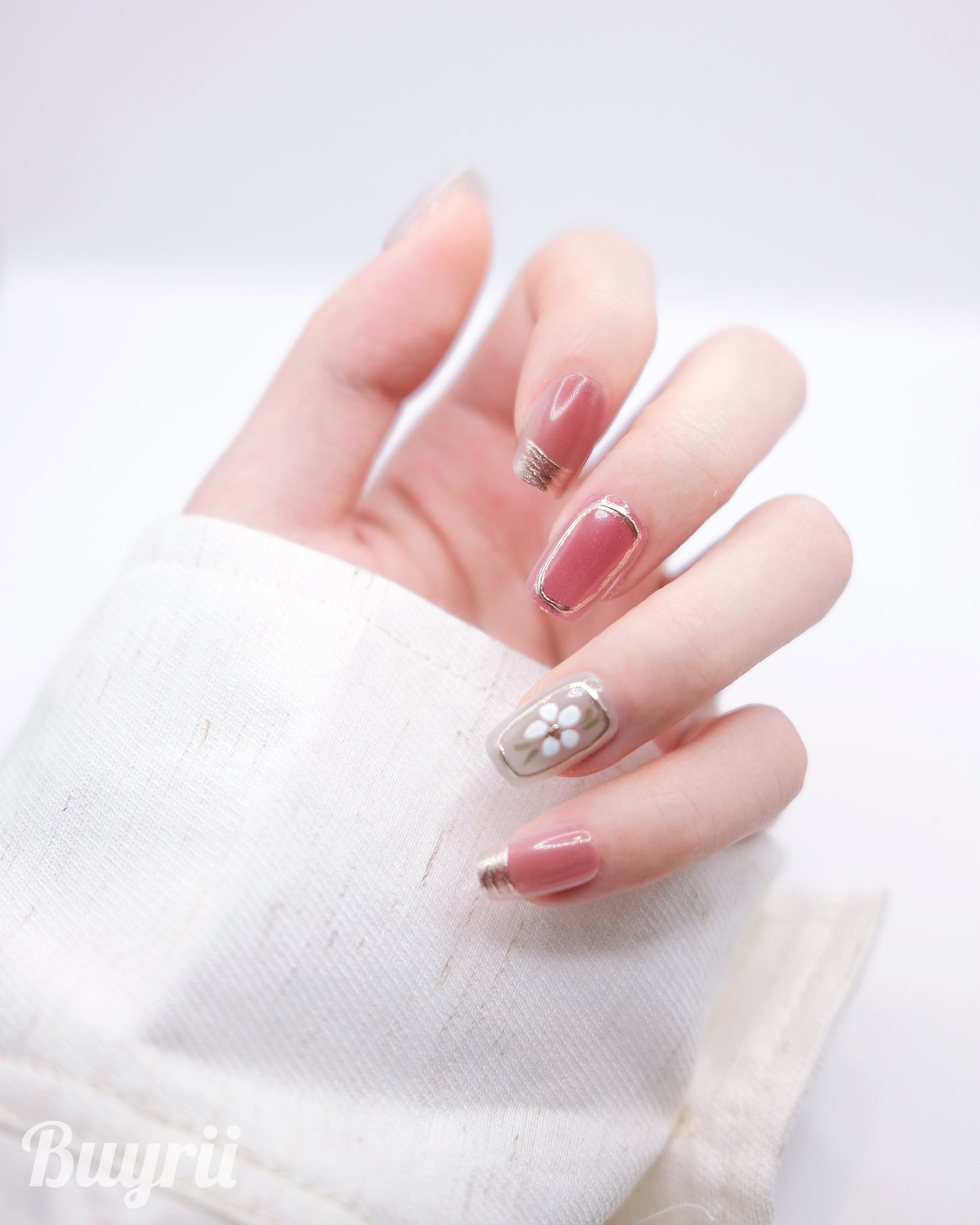 Short Coffin White & Ruby Embossed Flower Press On Nails