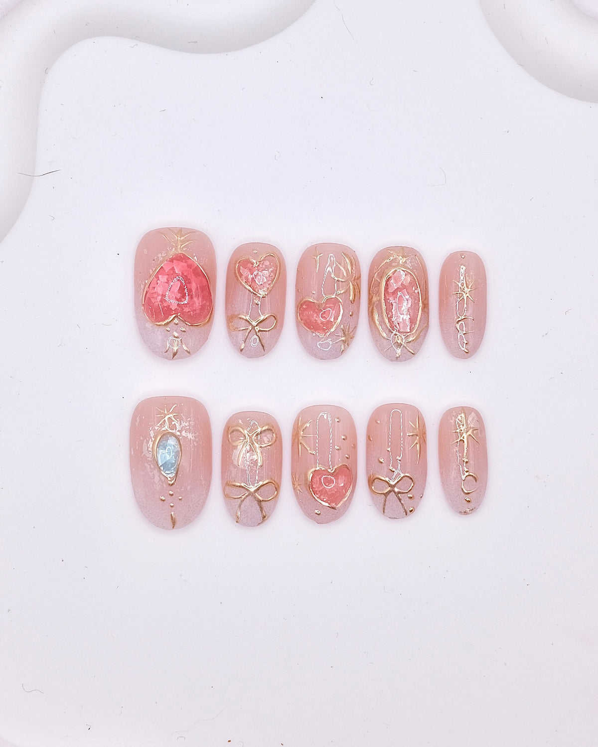 Mid-Long Oval 3D Pink Gold Heart Bow Gemstone Press On Nails
