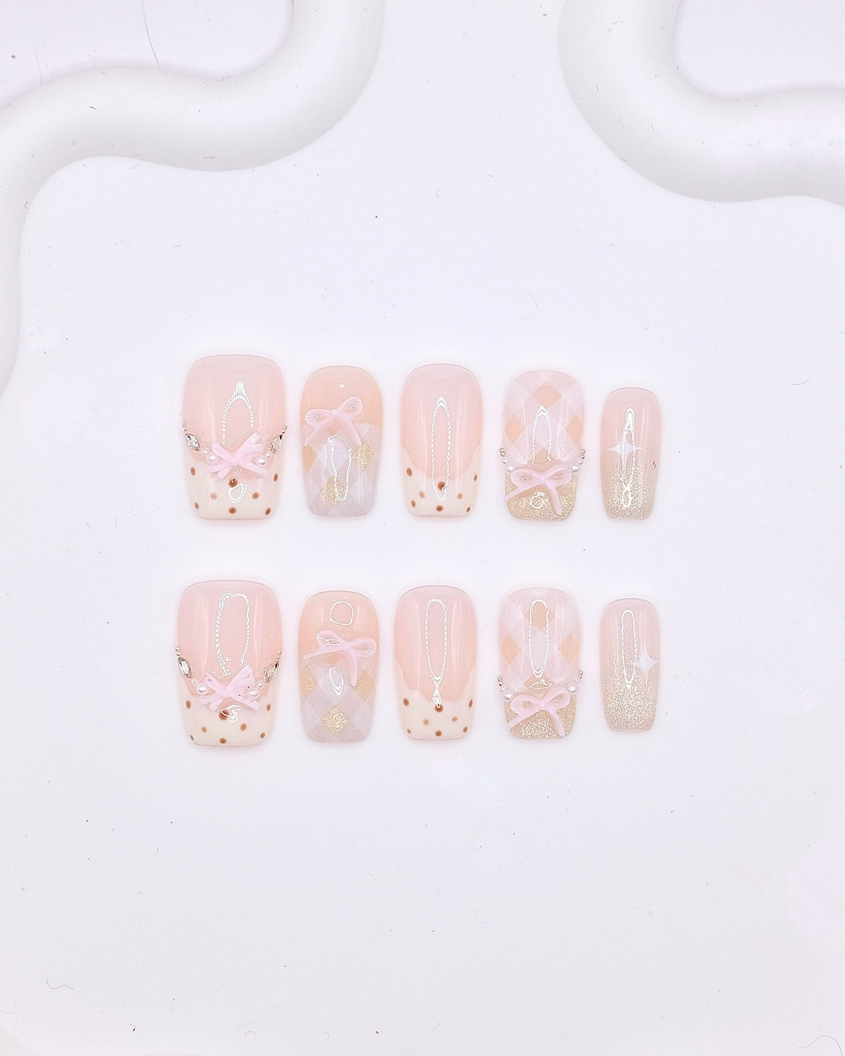 Mid-Long Coffin 3D Pink Bow Argyle Glitter Press On Nails