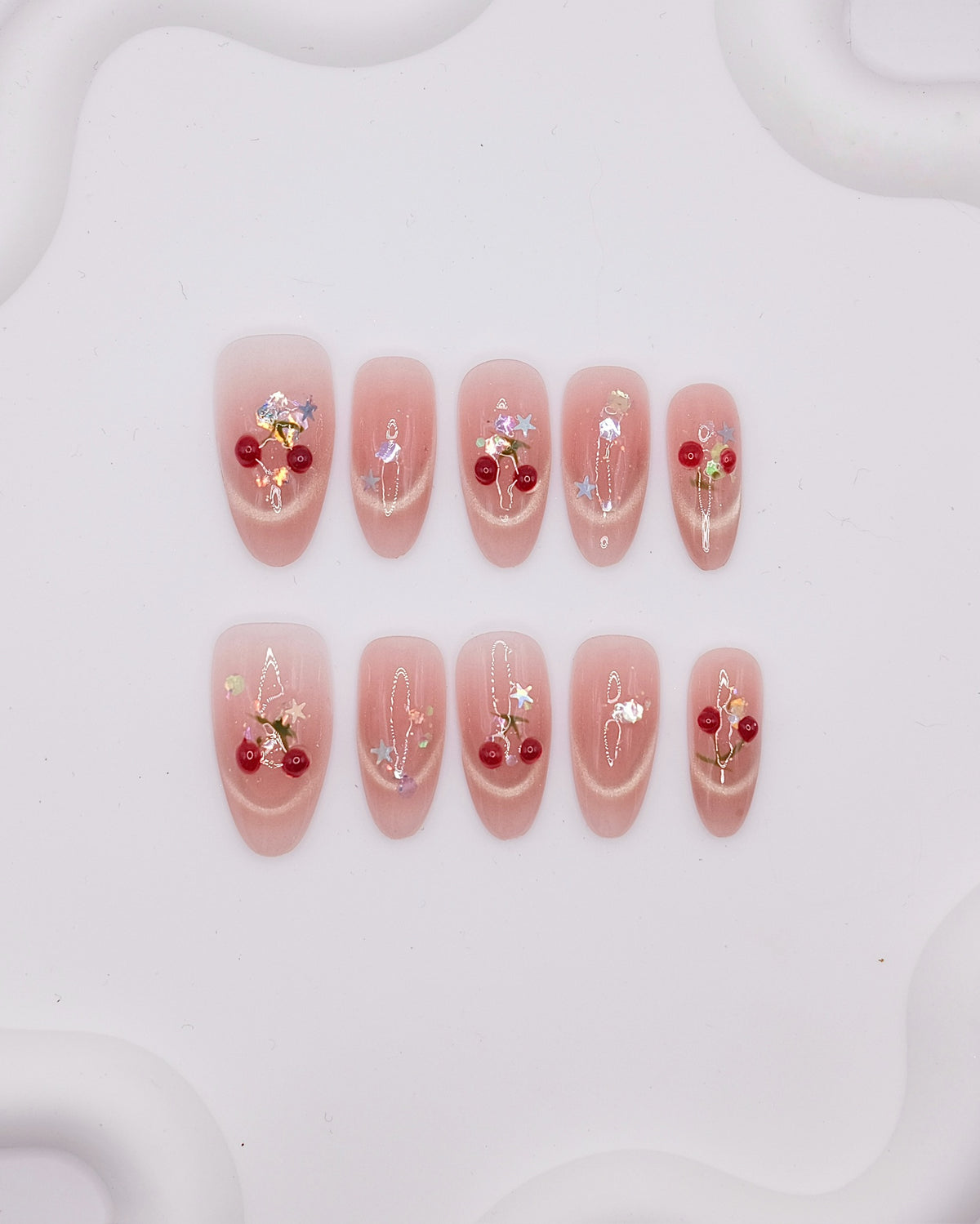 Long Almond 3D Pink Cherry Star Shell Press On Nails