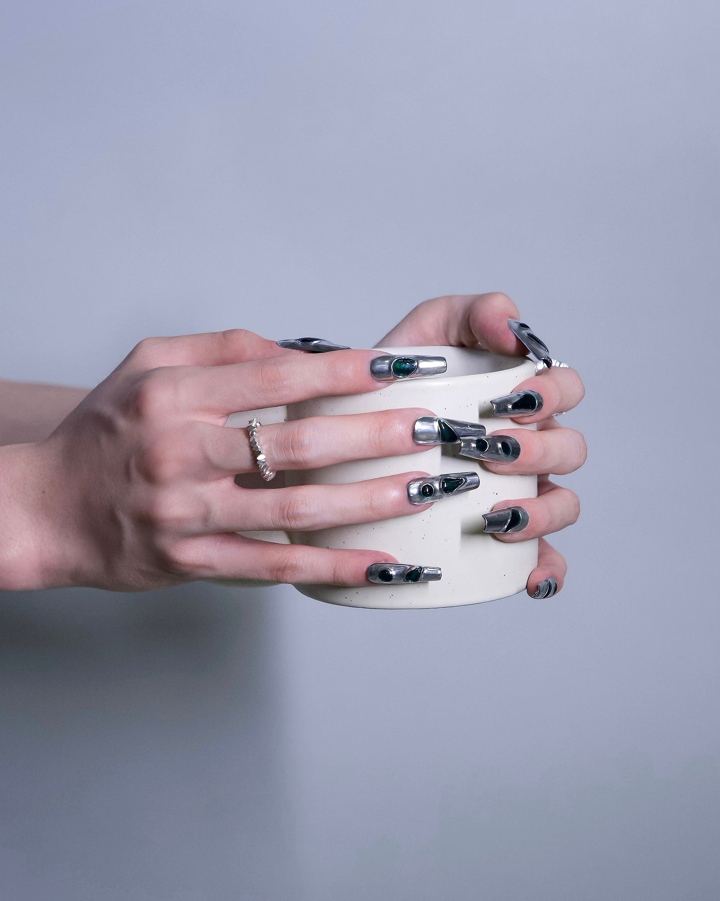 Extra Long Silver & Green Water Press On Nails