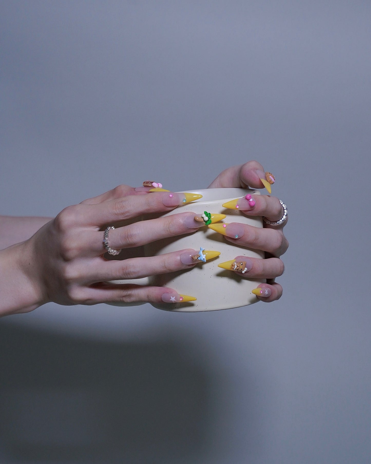 Extra Long Stiletto Pink & Yellow Hello Kitty with Dolphin Press On Nails