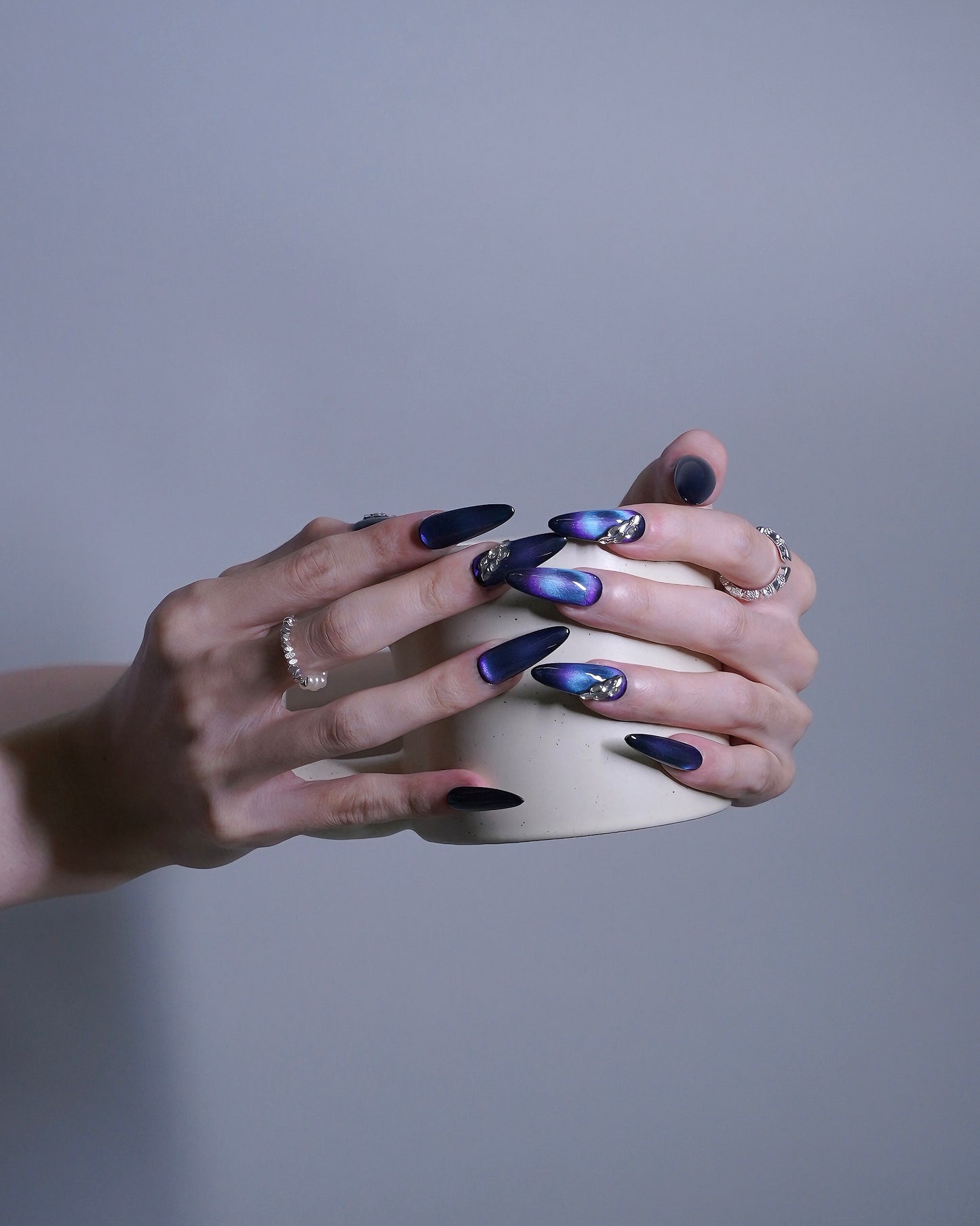 Extra Long Almond Dark Galaxy With Sky Diamond Press On Nails