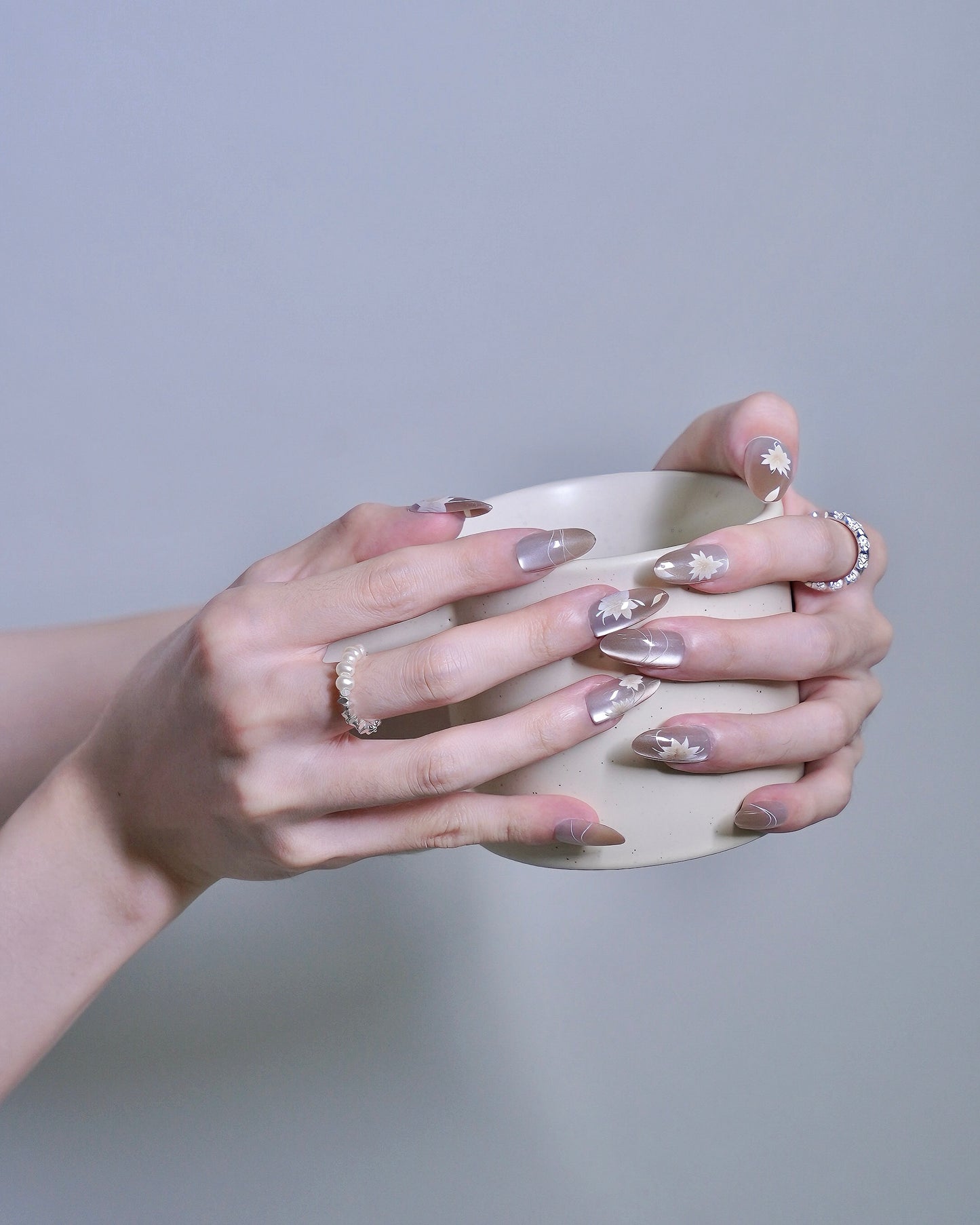 Mid-Long Almond Cateye Nude Color Flower Press On Nails