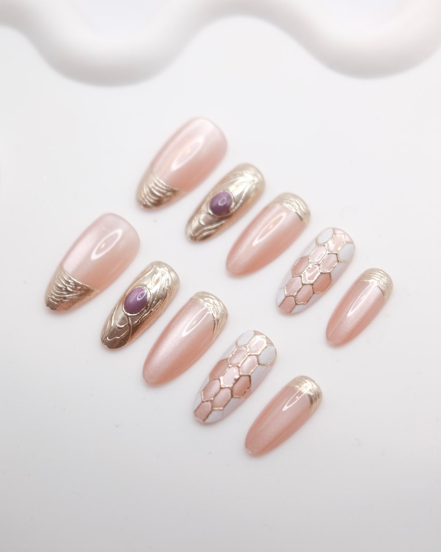 Long Almond Pink Bulgari- Inspired Snake Textured 3D Press-On Nails
