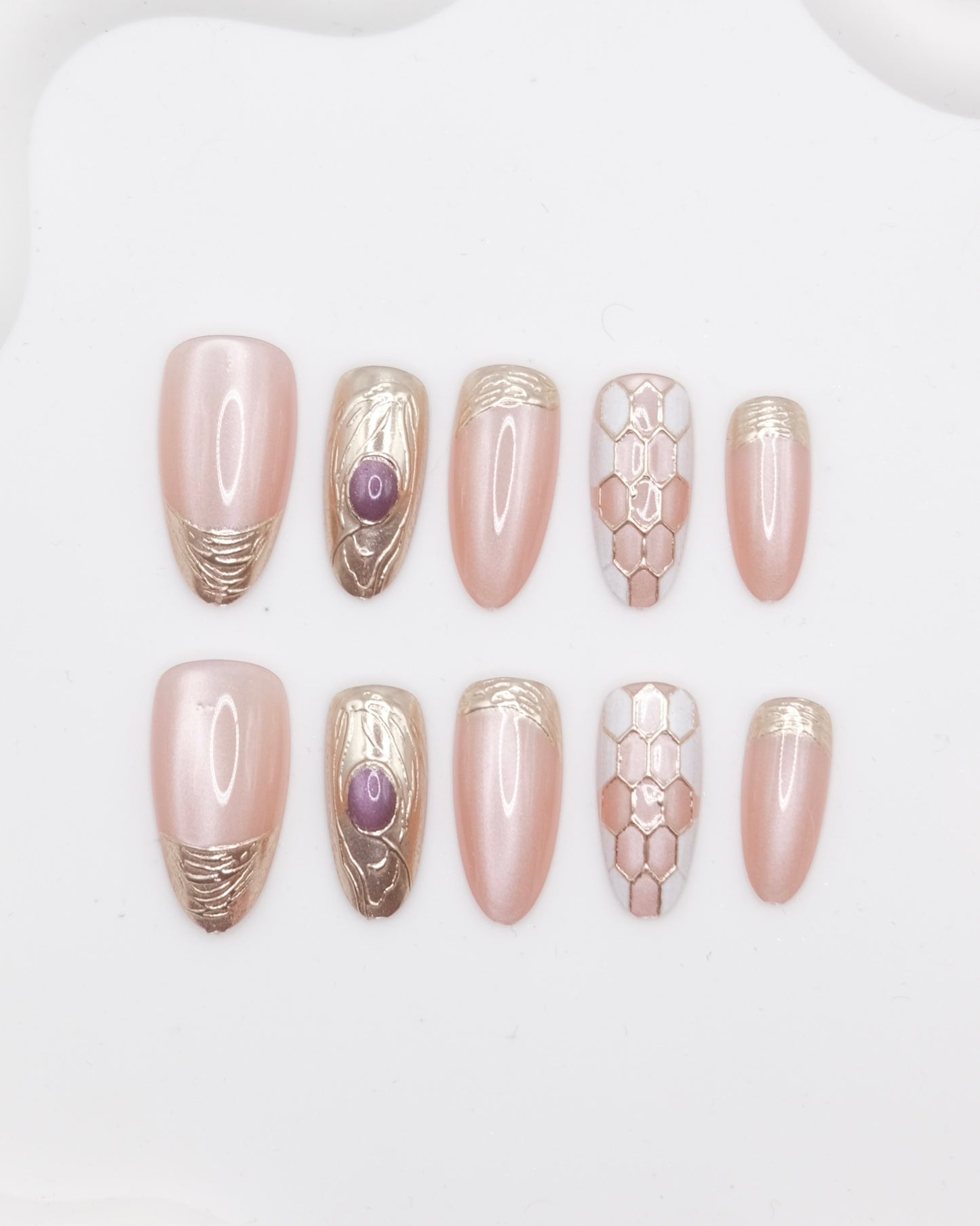 Long Almond Pink Bulgari- Inspired Snake Textured 3D Press-On Nails