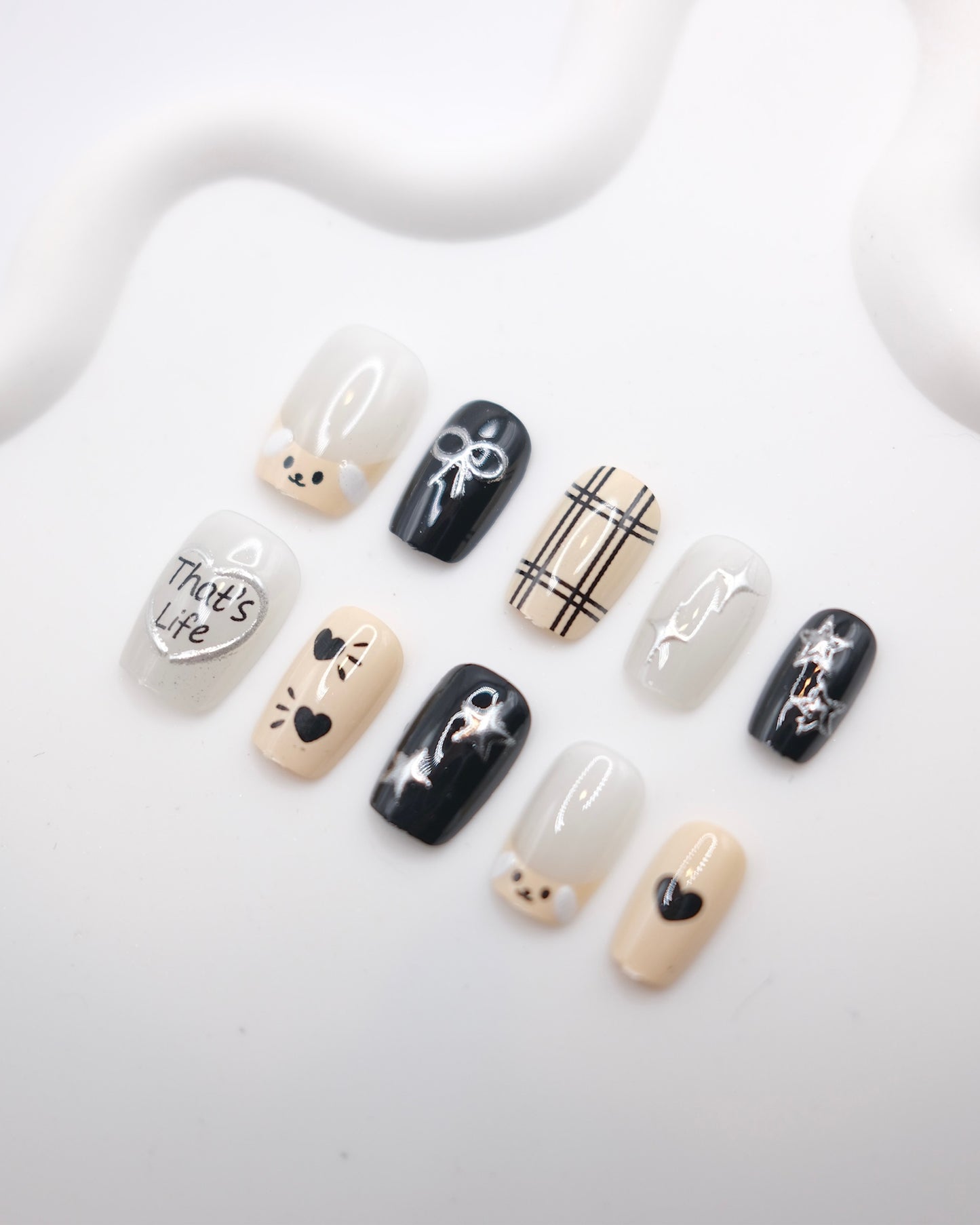 Short Coffin Black & White Sweet Cool Puppy 3D Embossed Press-On Nails