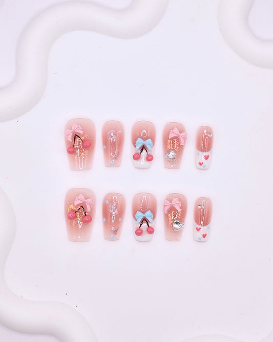 Mid-Long Coffin 3D Pink Blue Bow Cherry Heart Gem Press On Nails