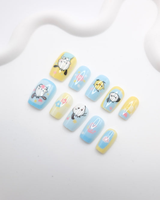 Short Coffin Yellow & Blue Cute Pochacco Press-On Nails