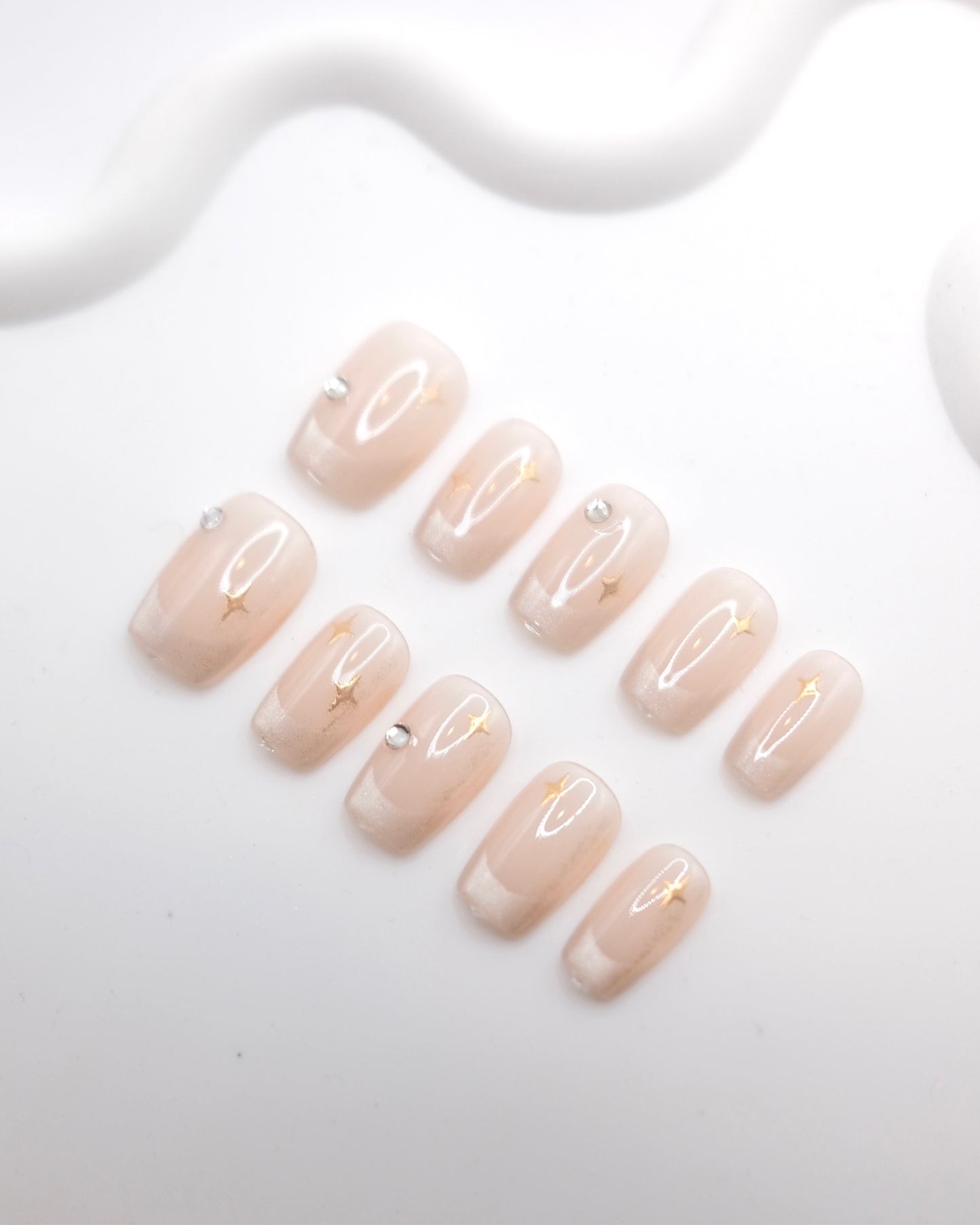 Short Coffin Nude French Starry Diamond Press-On Nails