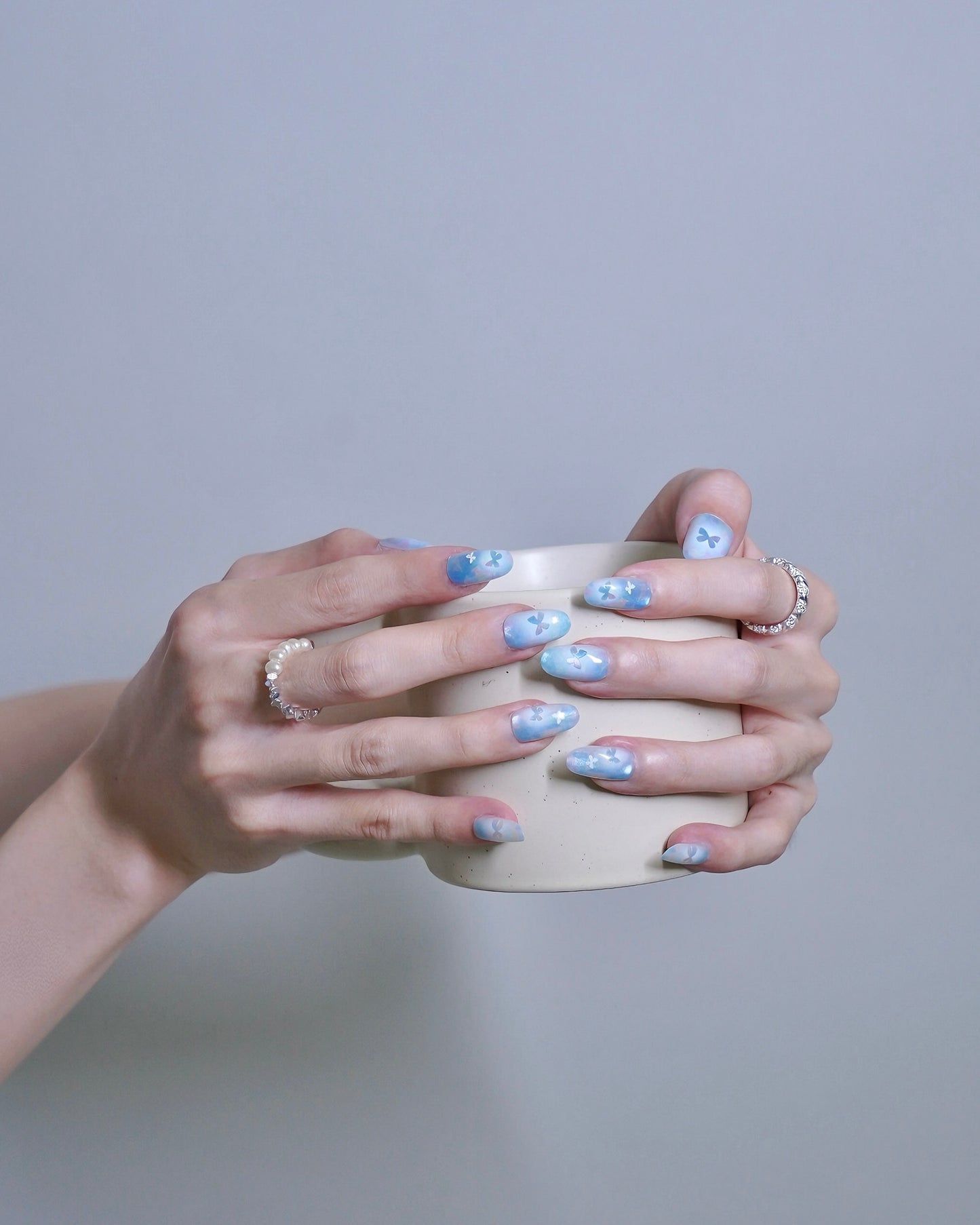 Mid-Long Oval Kaleidoscope Blue Butterfly Press On Nails