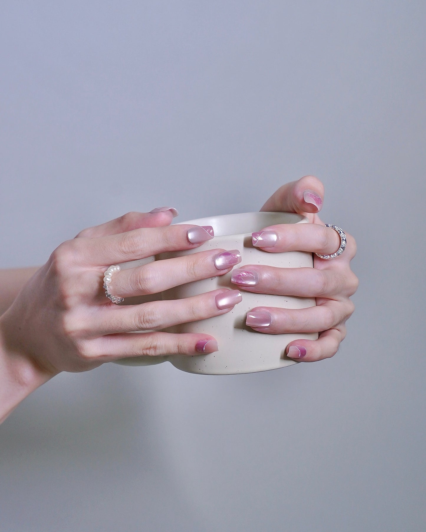 Short Coffin Cateye Pink Embossed Butterfly Press On Nails