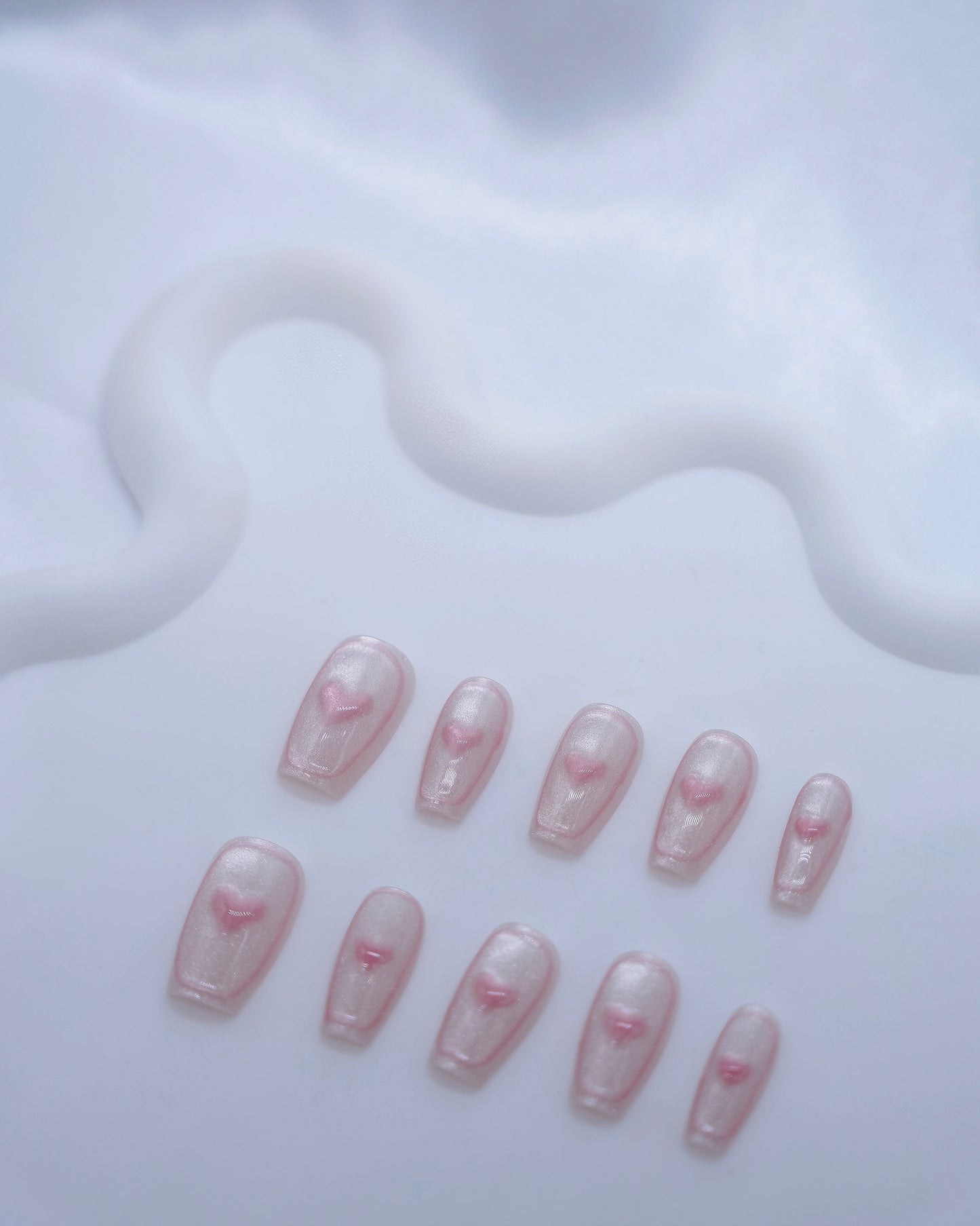 Mid-Long Coffin Cateye Pink 3D Love Heart Press On Nails