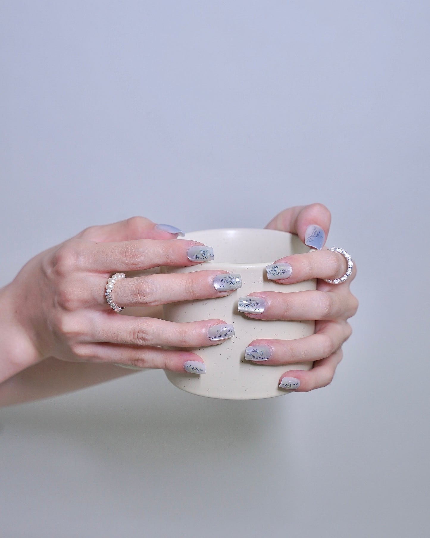 Short Coffin Cateye Blue & Jade Foliage Press On Nails