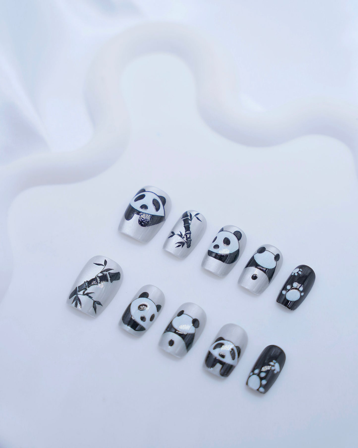 Short Coffin Cateye White Embossed Cute Panda & Bamboo Press On Nails