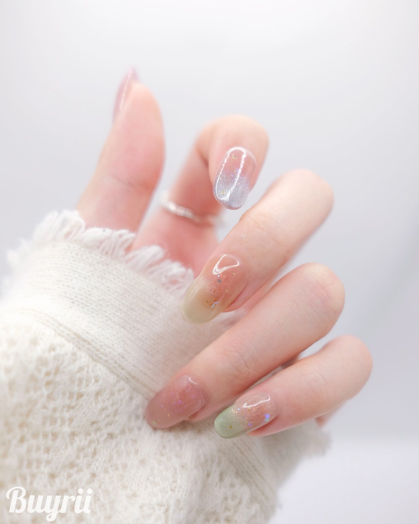 Short Oval Cateye Colorful Shiny Summer Press On Nails