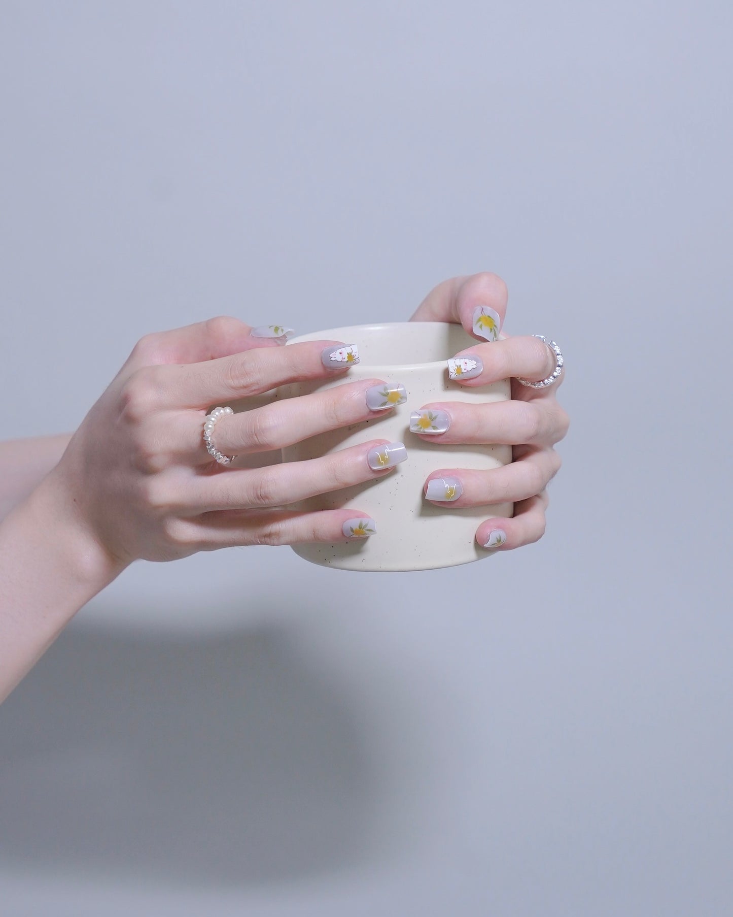 Short Coffin Cateye White & Yellow Cute Rabbit Press On Nails